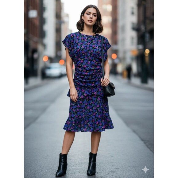 Vintage 80s Floral Peplum Dress Shirred Waist Button Back Sz 5/6 Retro 1980s - Picture 1 of 8